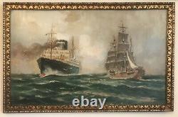 Magnificent Painting Oil Marine Boats 19th Century Painting