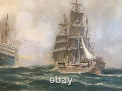 Magnificent Painting Oil Marine Boats 19th Century Painting