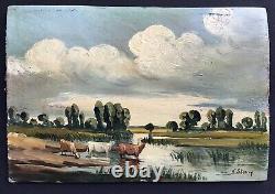 Magnificent Painting by F Stering Landscape Animals Character 19th Century