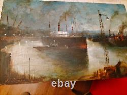 Magnifique Oil On Bois Port Boats Industrial Characters Crane Signed 53x33