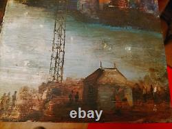 Magnifique Oil On Bois Port Boats Industrial Characters Crane Signed 53x33