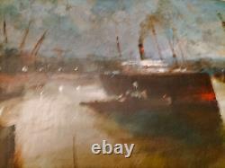 Magnifique Oil On Bois Port Boats Industrial Characters Crane Signed 53x33