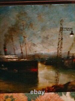 Magnifique Oil On Bois Port Boats Industrial Characters Crane Signed 53x33