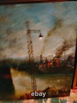 Magnifique Oil On Bois Port Boats Industrial Characters Crane Signed 53x33