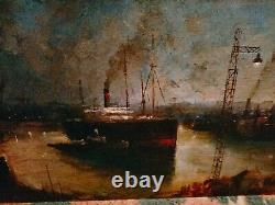 Magnifique Oil On Bois Port Boats Industrial Characters Crane Signed 53x33