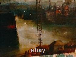 Magnifique Oil On Bois Port Boats Industrial Characters Crane Signed 53x33