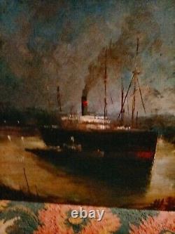 Magnifique Oil On Bois Port Boats Industrial Characters Crane Signed 53x33