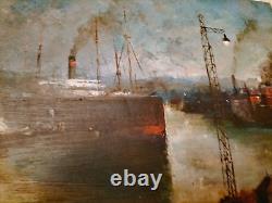 Magnifique Oil On Bois Port Boats Industrial Characters Crane Signed 53x33