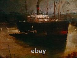 Magnifique Oil On Bois Port Boats Industrial Characters Crane Signed 53x33