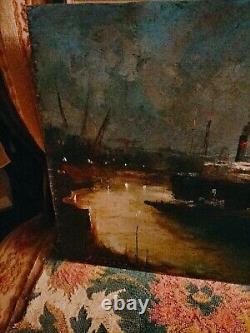 Magnifique Oil On Bois Port Boats Industrial Characters Crane Signed 53x33