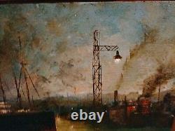 Magnifique Oil On Bois Port Boats Industrial Characters Crane Signed 53x33