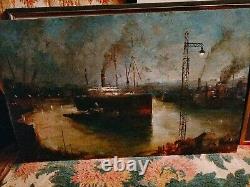 Magnifique Oil On Bois Port Boats Industrial Characters Crane Signed 53x33