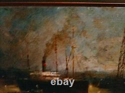 Magnifique Oil On Bois Port Boats Industrial Characters Crane Signed 53x33