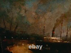 Magnifique Oil On Bois Port Boats Industrial Characters Crane Signed 53x33