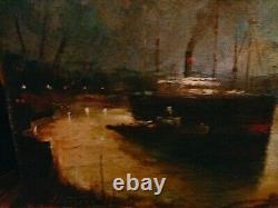 Magnifique Oil On Bois Port Boats Industrial Characters Crane Signed 53x33