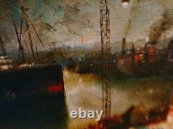 Magnifique Oil On Bois Port Boats Industrial Characters Crane Signed 53x33