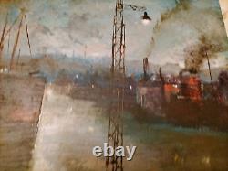 Magnifique Oil On Bois Port Boats Industrial Characters Crane Signed 53x33