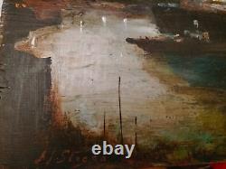 Magnifique Oil On Bois Port Boats Industrial Characters Crane Signed 53x33