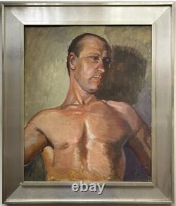 Male Nude Muscular Torso Man, Antique Hand Made Original Oil Painting 1930-40's