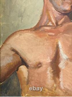 Male Nude Muscular Torso Man, Antique Hand Made Original Oil Painting 1930-40's