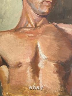 Male Nude Muscular Torso Man, Antique Hand Made Original Oil Painting 1930-40's