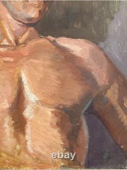 Male Nude Muscular Torso Man, Antique Hand Made Original Oil Painting 1930-40's