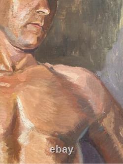 Male Nude Muscular Torso Man, Antique Hand Made Original Oil Painting 1930-40's