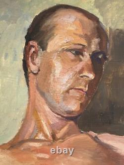 Male Nude Muscular Torso Man, Antique Hand Made Original Oil Painting 1930-40's