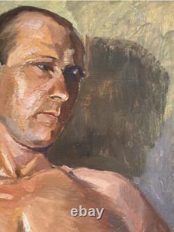 Male Nude Muscular Torso Man, Antique Hand Made Original Oil Painting 1930-40's