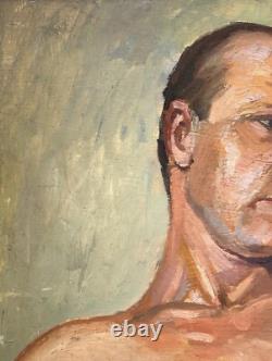 Male Nude Muscular Torso Man, Antique Hand Made Original Oil Painting 1930-40's