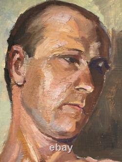 Male Nude Muscular Torso Man, Antique Hand Made Original Oil Painting 1930-40's