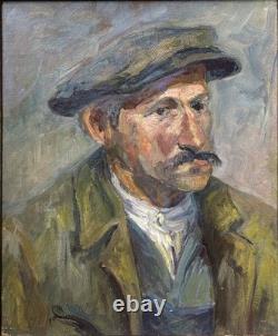 Man Peasant Male Portrait Original Antique Oil Painting, Expressionist