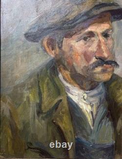 Man Peasant Male Portrait Original Antique Oil Painting, Expressionist