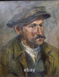 Man Peasant Male Portrait Original Antique Oil Painting, Expressionist