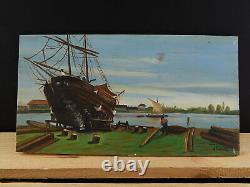 Marine Antique Oil Painting on Wood by A. Neirotti Boat Yard Discount Italian