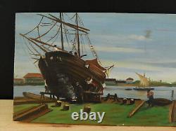 Marine Antique Oil Painting on Wood by A. Neirotti Boat Yard Discount Italian