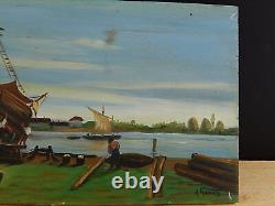 Marine Antique Oil Painting on Wood by A. Neirotti Boat Yard Discount Italian