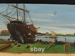 Marine Antique Oil Painting on Wood by A. Neirotti Boat Yard Discount Italian