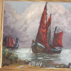 'Marine Fishing Return Oil on Wood, signed Renée GILLOT 1918 2013 Frame 89x71cm'