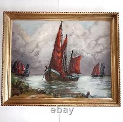 'Marine Fishing Return Oil on Wood, signed Renée GILLOT 1918 2013 Frame 89x71cm'