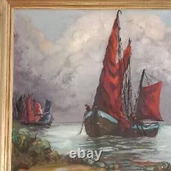 'Marine Fishing Return Oil on Wood, signed Renée GILLOT 1918 2013 Frame 89x71cm'