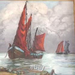 'Marine Fishing Return Oil on Wood, signed Renée GILLOT 1918 2013 Frame 89x71cm'