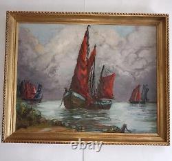 'Marine Fishing Return Oil on Wood, signed Renée GILLOT 1918 2013 Frame 89x71cm'