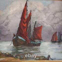 'Marine Fishing Return Oil on Wood, signed Renée GILLOT 1918 2013 Frame 89x71cm'