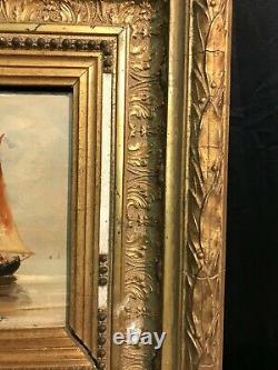 Marine Painting Oil On Wood Signed Era 19th Century