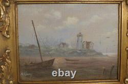 Marine Painting Period 19th Century- Oil On Wood Signed- Boat-light-sea-bird