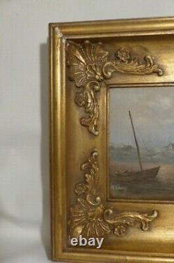 Marine Painting Period 19th Century- Oil On Wood Signed- Boat-light-sea-bird