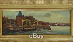 Marine Painting View Of A Port Oil On Signed Wood Sign