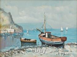 Marine-golf Of Naples-inshore Landscape With Boats-oil Painting Signed