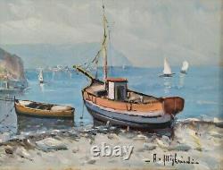 Marine-golf Of Naples-inshore Landscape With Boats-oil Painting Signed